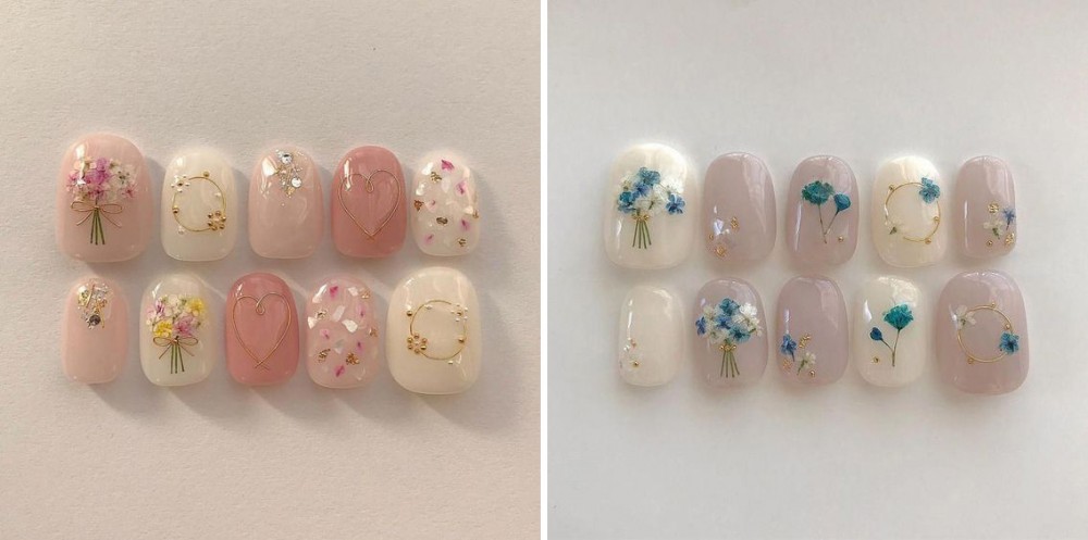 壓花指甲所用上的乾花有完整一朵的乾花亦有經過加工而成的乾花碎片