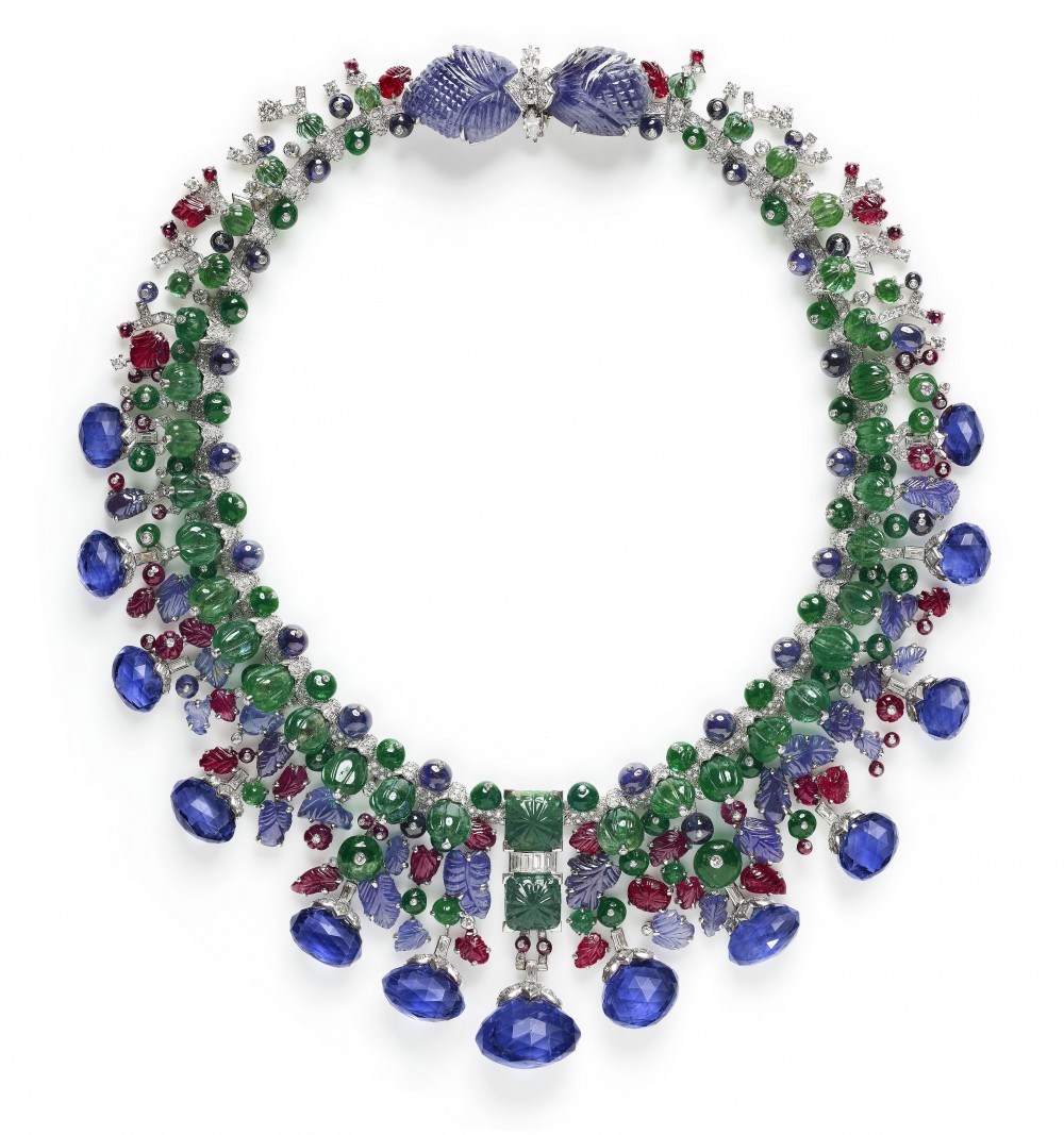 1936/63年水果錦囊項鍊鉑金、黃金、鑽石、藍寶石、祖母綠、紅寶石