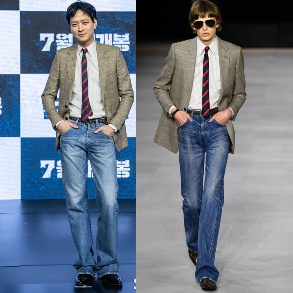 姜棟元在《屍殺半島》記者會中也穿了Celine最新2020男裝服飾,由領帶以至鞋都跟足runway model 穿著一樣,連插褲袋的動作也一樣。