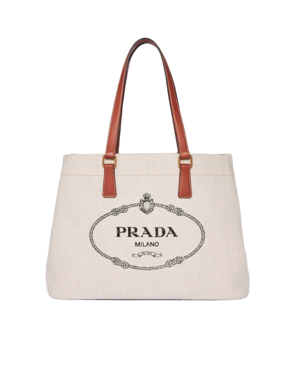 PRADA LINEN BLEND AND LEATHER TOTE