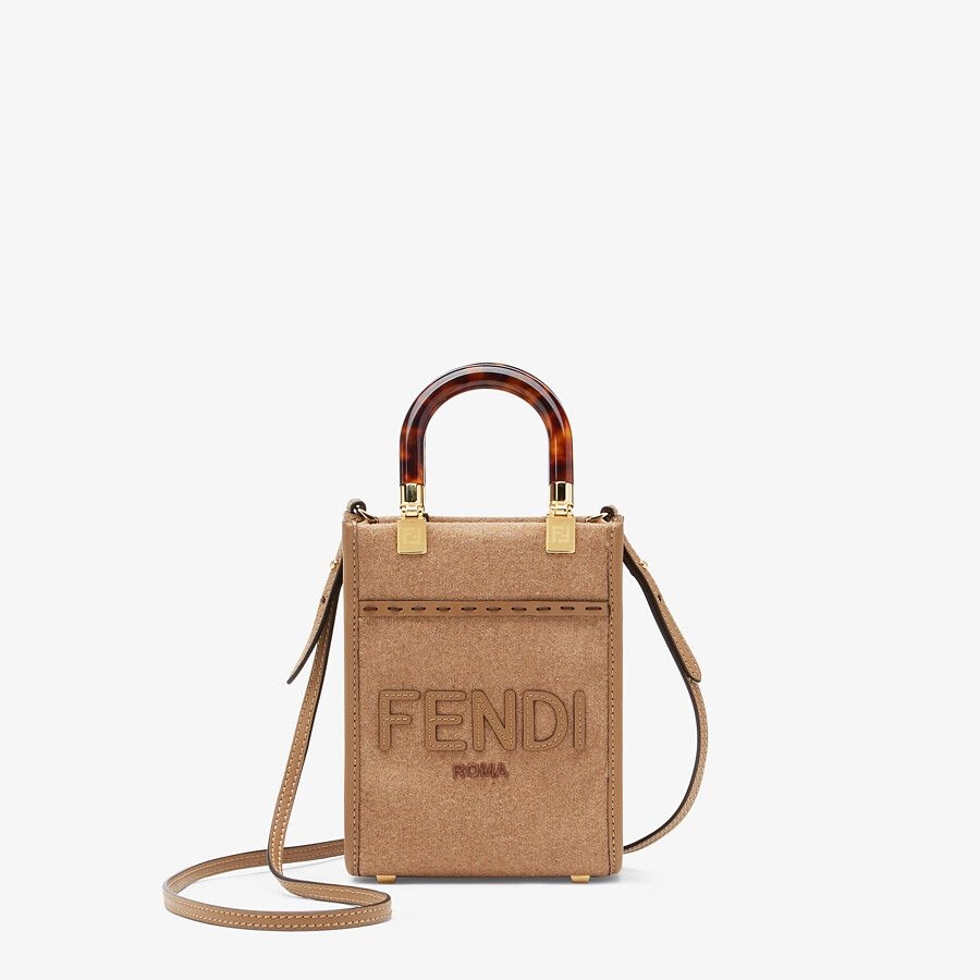 棕色法蘭絨製成搭配皮革「FENDI Roma」貼花和硬質玳瑁效果塑膠玻璃把手