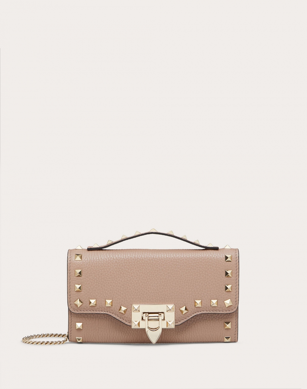 Valentino Rockstud Grainy Calfskin Wallet With Chain Strap
