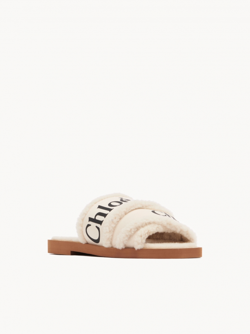 Chloé Woody Flat Mule In Canvas With Shearling