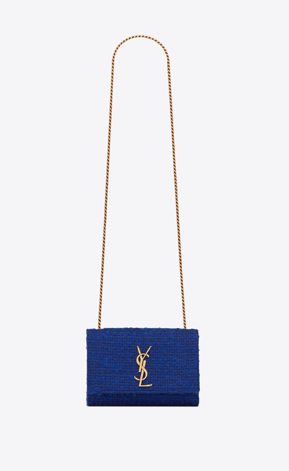 Saint Laurent Kate Small手袋主體換上明亮的靛藍色,同時採用斜紋粗花呢的面料。