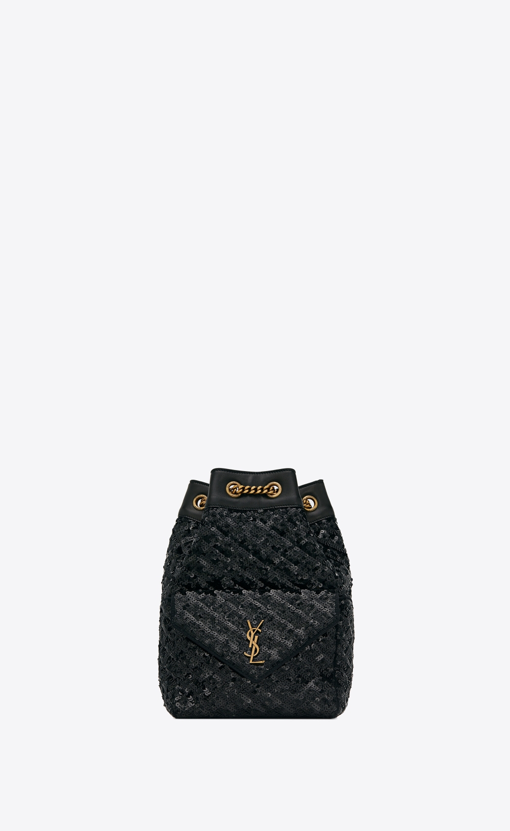 Saint Laurent Joe Backpack,以水桶型輪廓為主調且柔軟的亮片緞布製成。