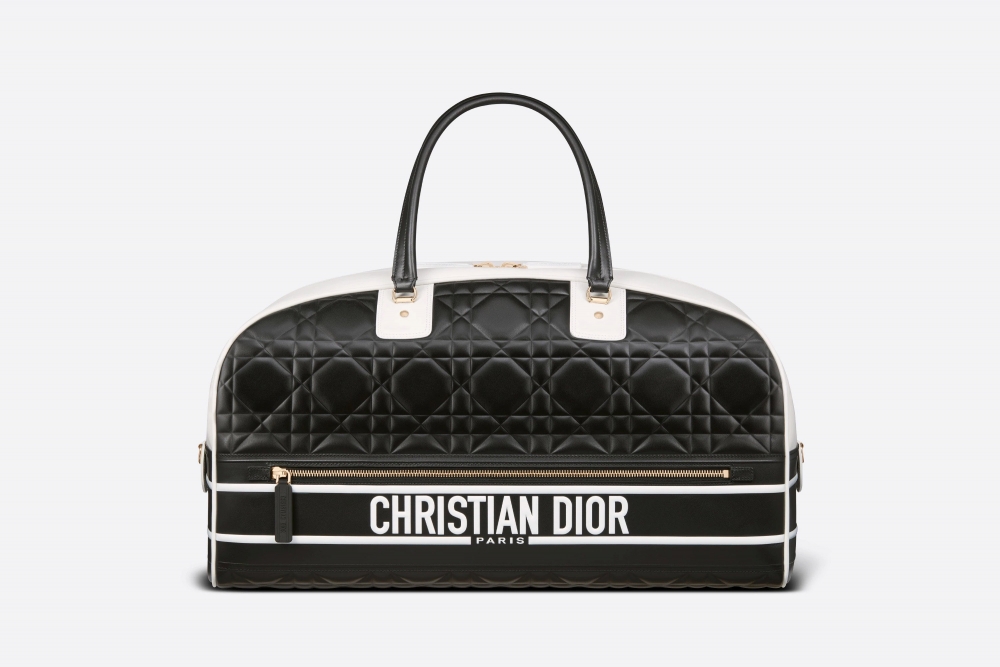 Dior Vibe Zip Bowling Bag,黑色藤格紋皮格大號尺寸。