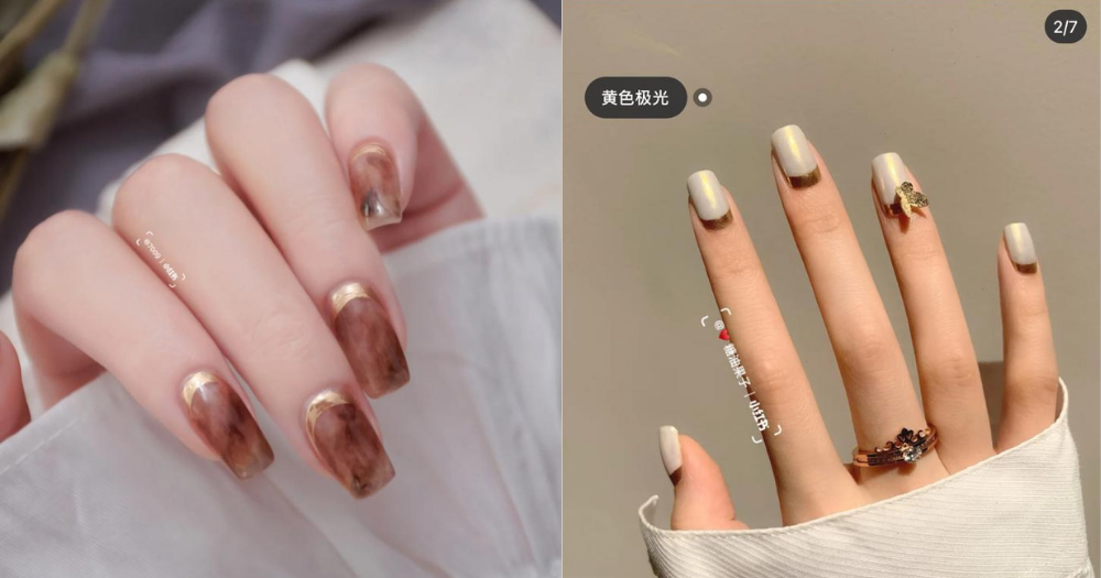 不論是琥珀色，還是黃色極光的美甲，都能與金色反法式線條相襯。