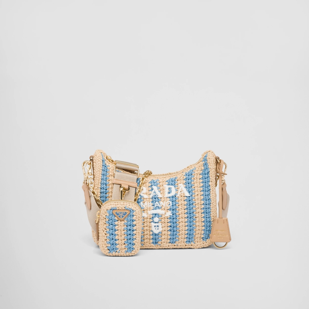 Prada Re-Edition 2005 Raffia Bag藍色條紋編織。