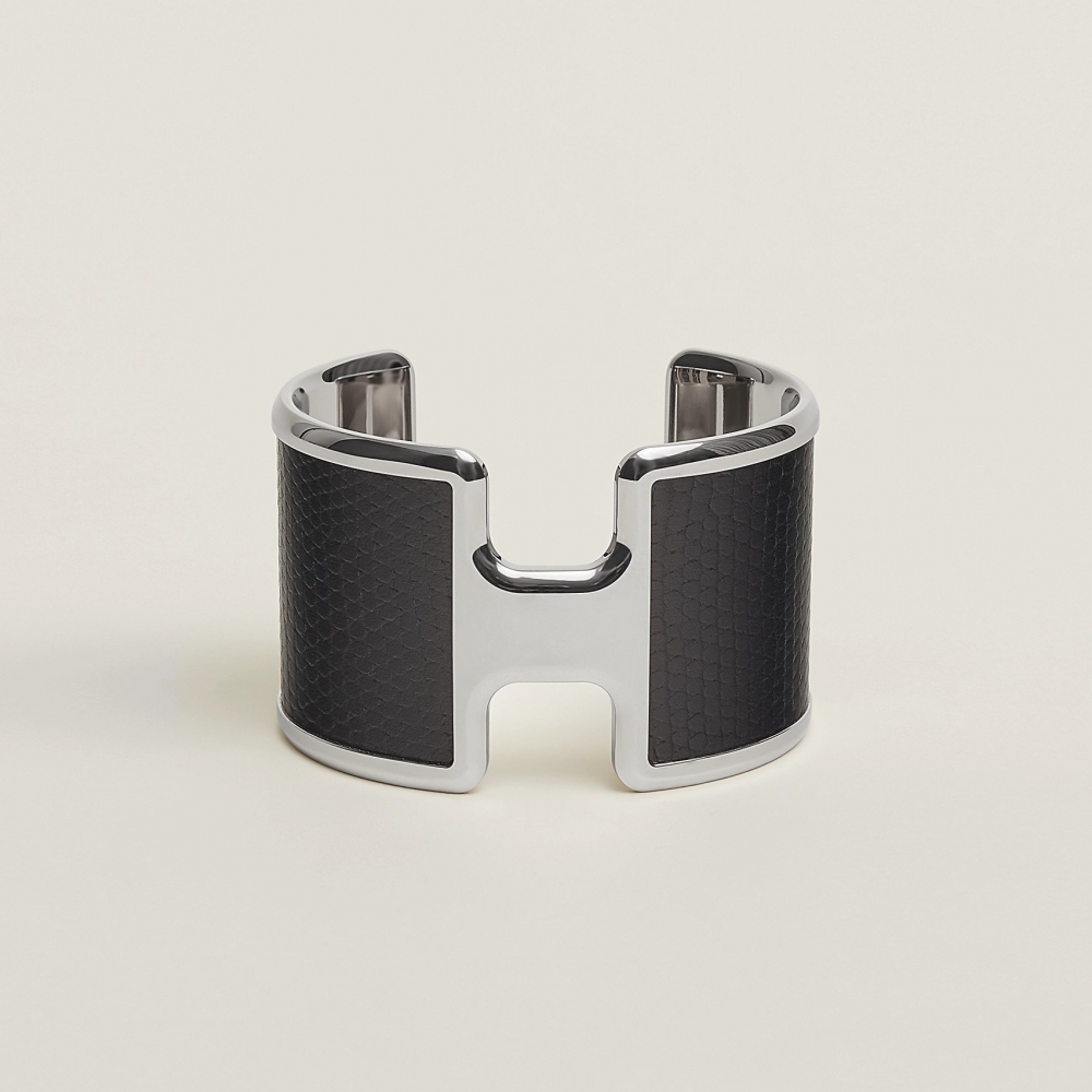 Hermès Olympe Bracelet金色金屬配黑色小牛皮。