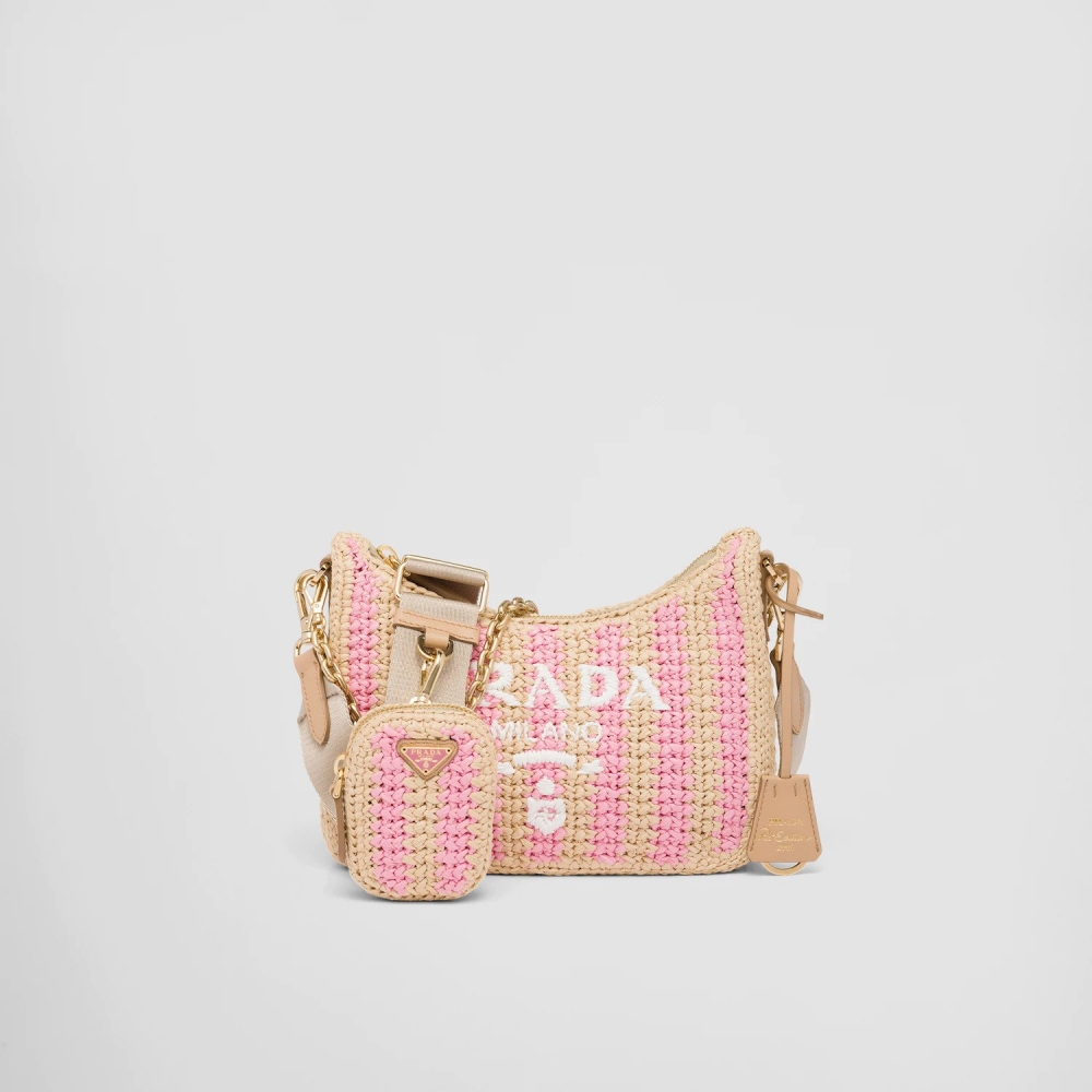 Prada Re-Edition 2005 Raffia Bag粉色條紋編織。