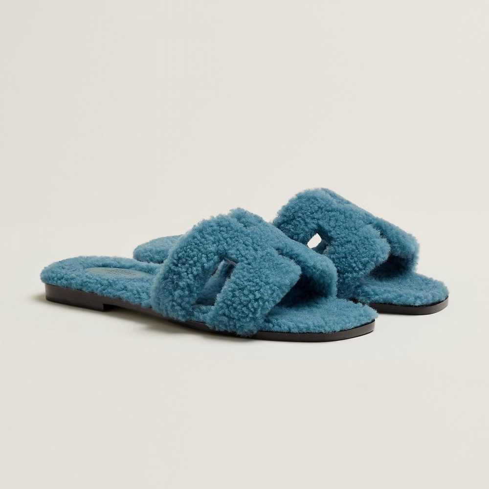 Hermès Oran Sandal蓬鬆羊毛皮-藍色