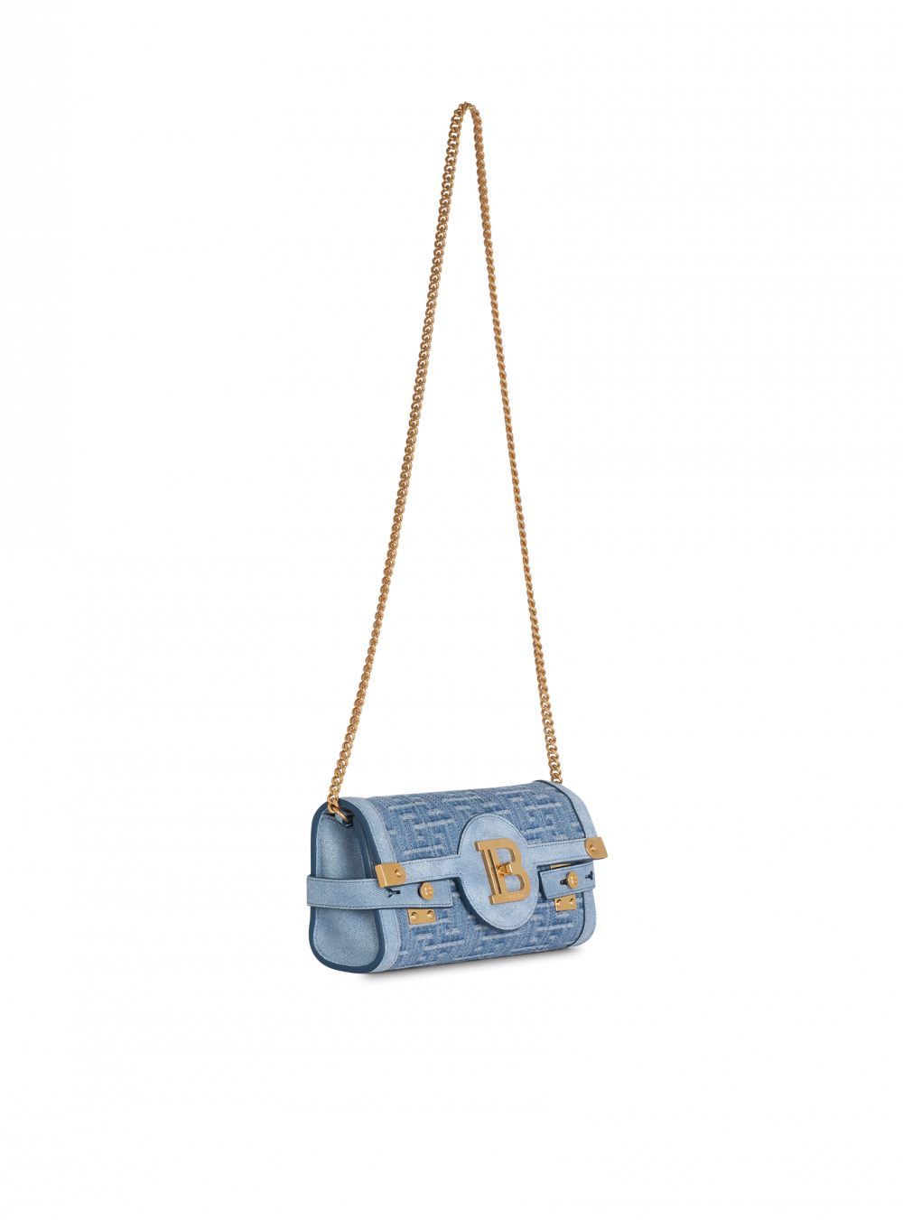 全新牛仔手袋配有品牌金屬字母組合。