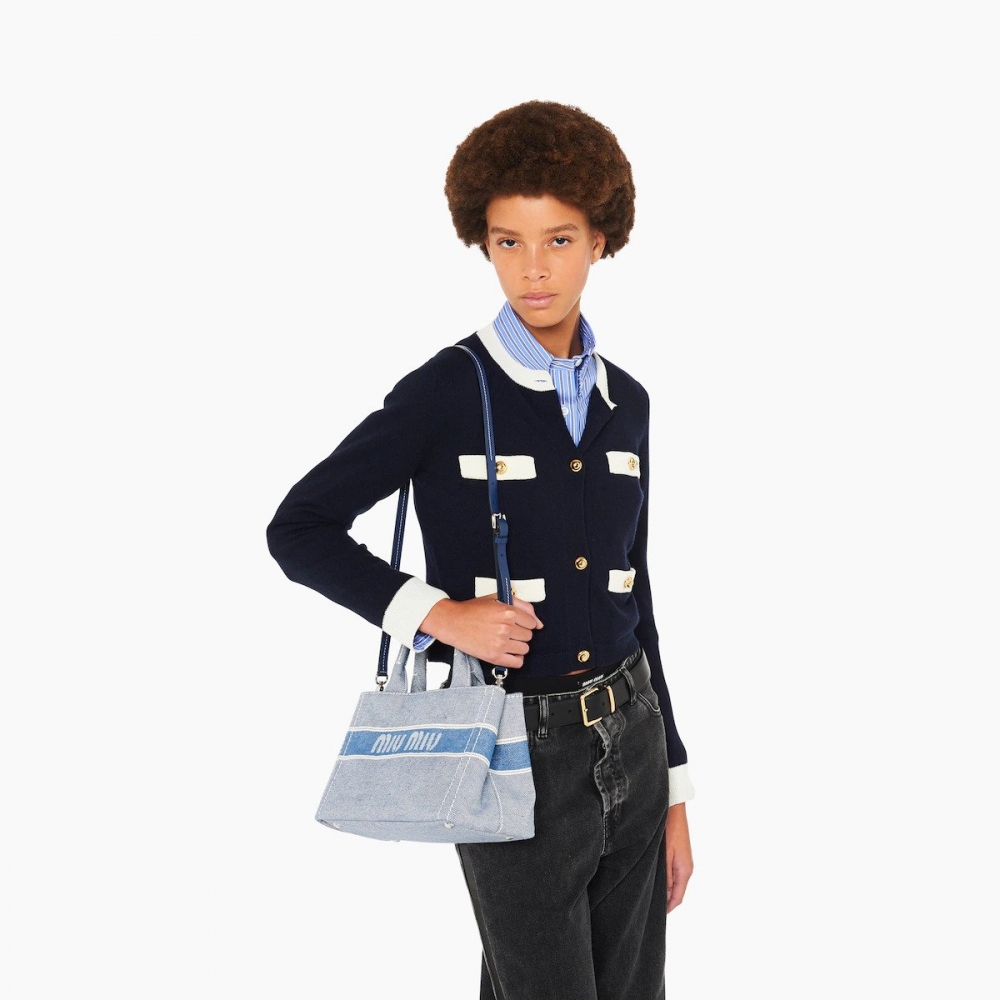 模特兒示範Miu Miu Denim Handbag。