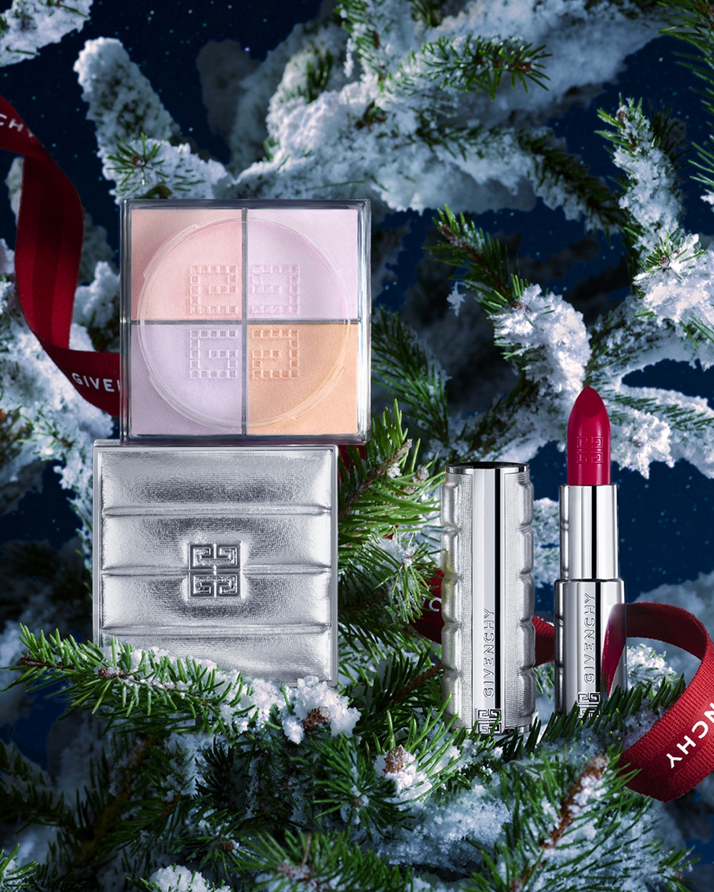 【冬雪夢幻限量版】高級訂製稜鏡四色蜜粉 N12幻雪粉紫 HK$600 / 高訂禁忌絲滑啞亮唇膏 N338巴黎冷玫 HK$375 / 華麗魅彩粉絲絨唇膏 N27雪柿桃 HK$375