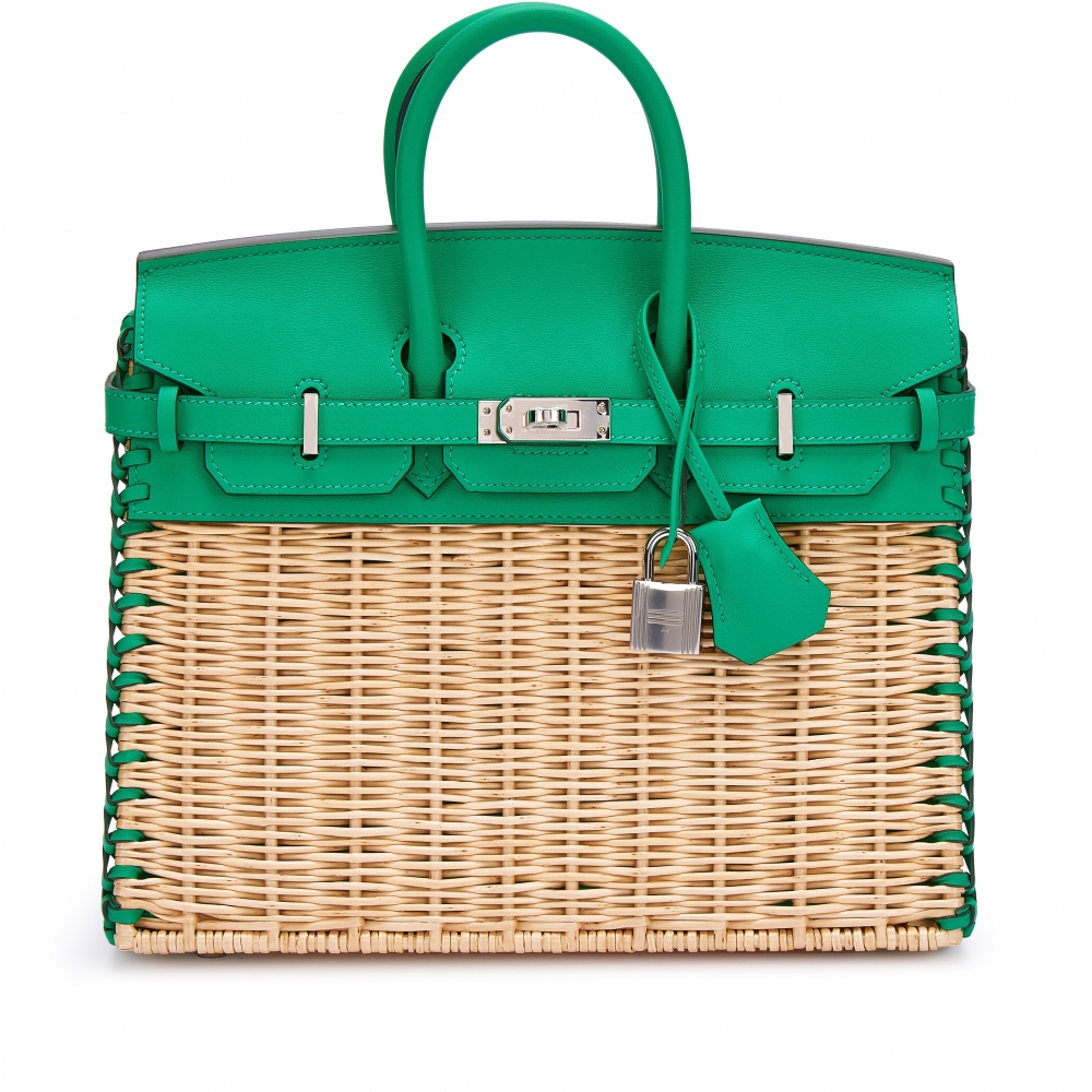 Hermès限量版薄荷綠色Swift小牛皮拼柳編25公分柏金包
