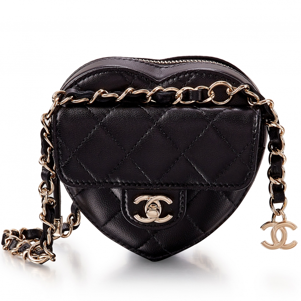 CHANEL黑色菱格紋小羊皮迷你CC In Love心形腰包