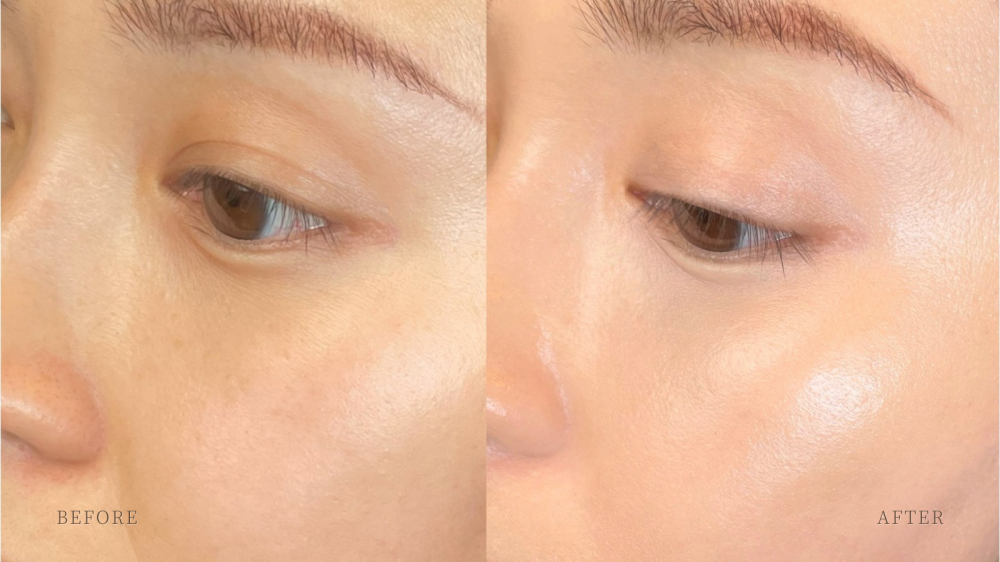 薄薄一層氣墊粉底的修飾下,黑眼圈及色斑位置明顯變淡,水潤的質地即時撫平眼底乾紋。肌膚瞬間提亮,散發鑽光光澤,宛如天生好膚質。