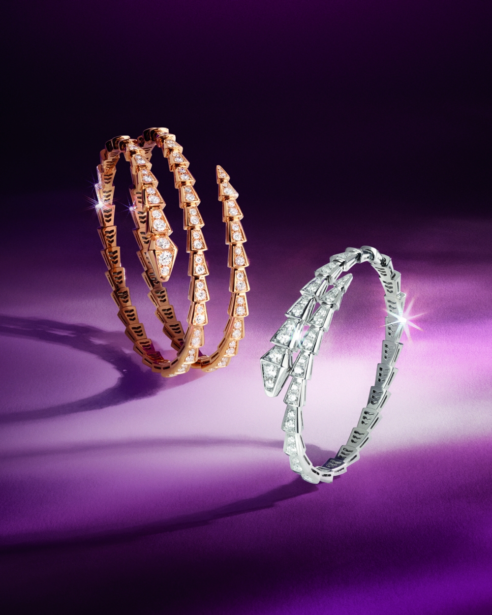 BVLGARI Serpenti Viper玫瑰金鑽石雙圈手環、BVLGARI Serpenti Viper系列白K金鑽石手環