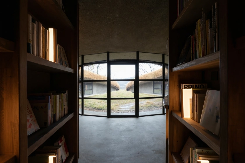 圖書館有著一面大大的落地窗。