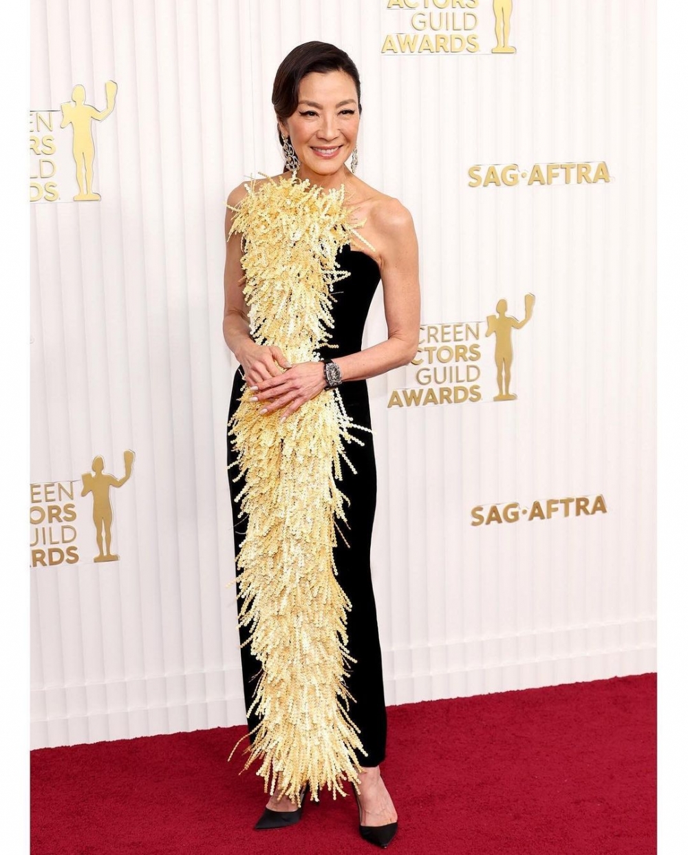 她在出席SAG Awards時穿上Schiaparelli的設計。