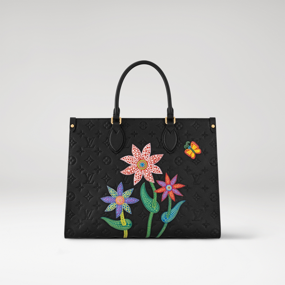黑色的Louis Vuitton x Yayoi Kusama OnTheGo MM in black taurillon leather with Flower Marquetry。