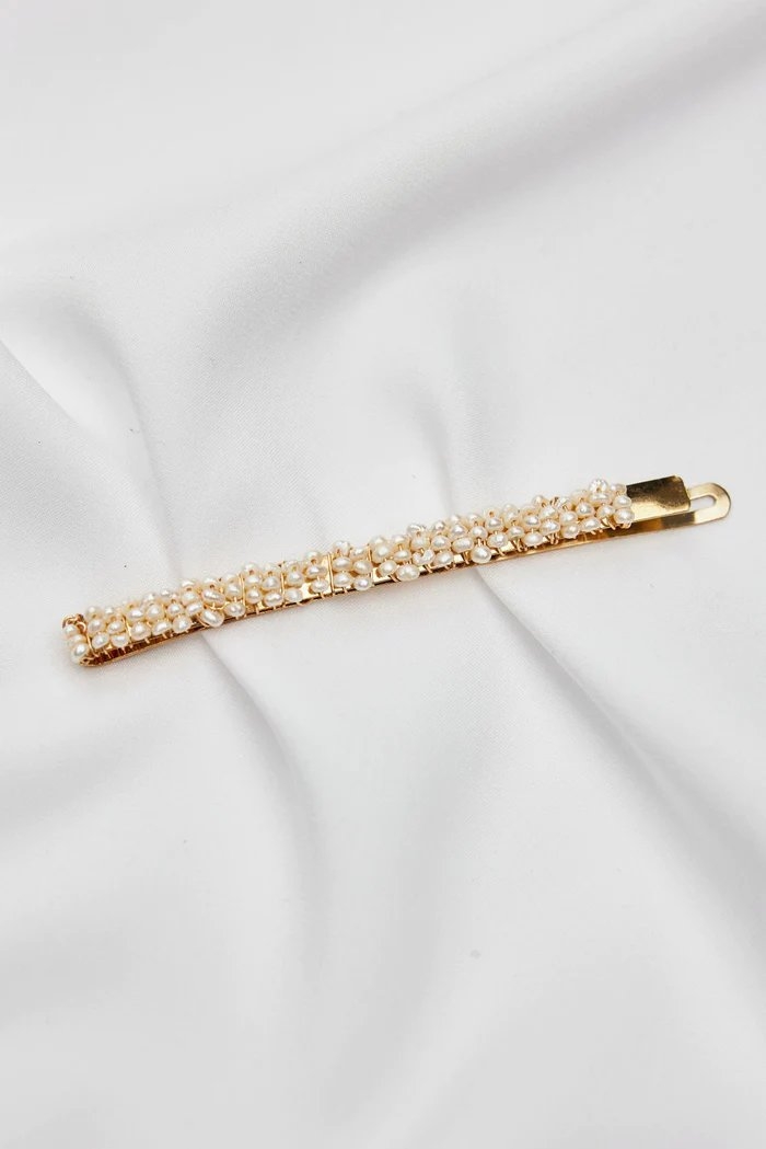 LUCIE-Mini Pearl Wedding Hair Clip-Gold。