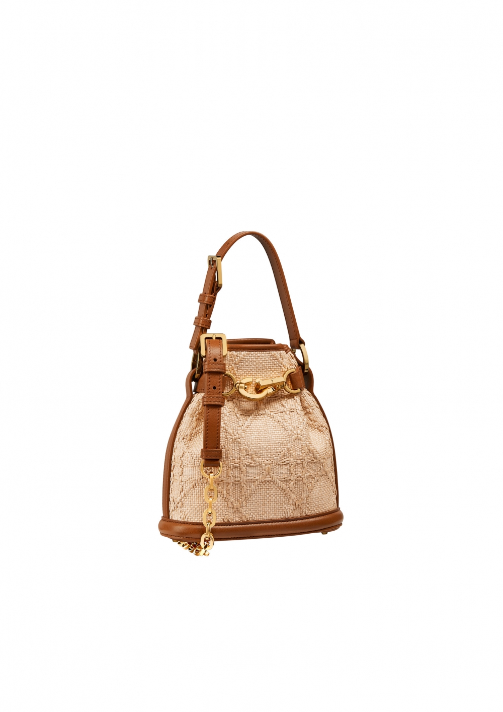 C’EST DIOR籐格紋拉菲草小型水桶包。