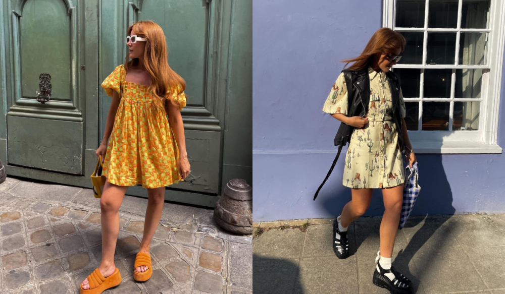 她也不忘背上一款亮色系的手袋