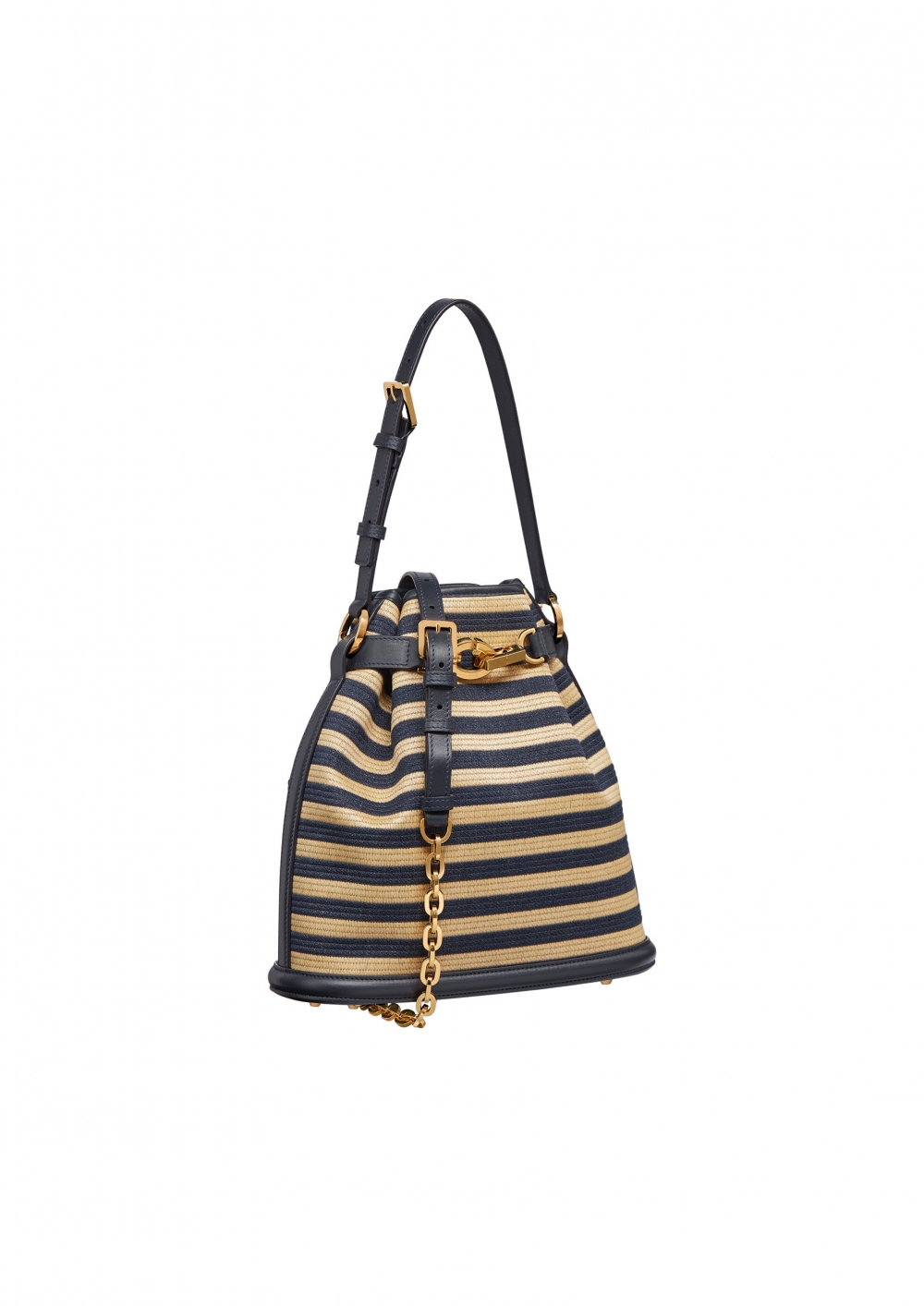 C'EST DIOR酒椰葉拼接丹寧海軍條紋中型水桶包。