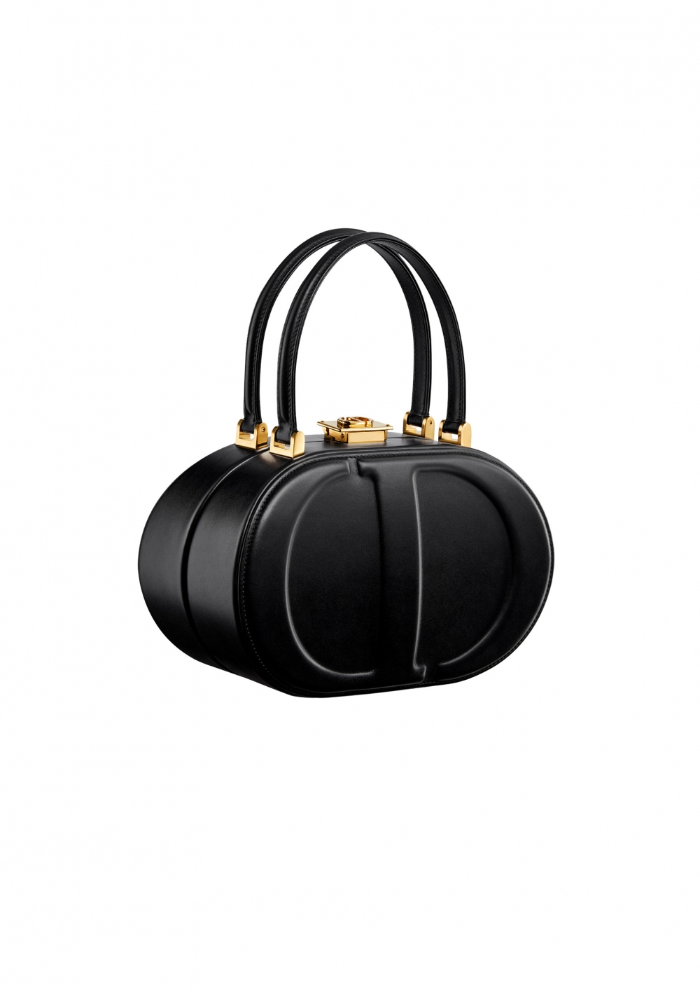 在系列中亮相的CD Signature黑色霧面小牛皮橢圓形提包。