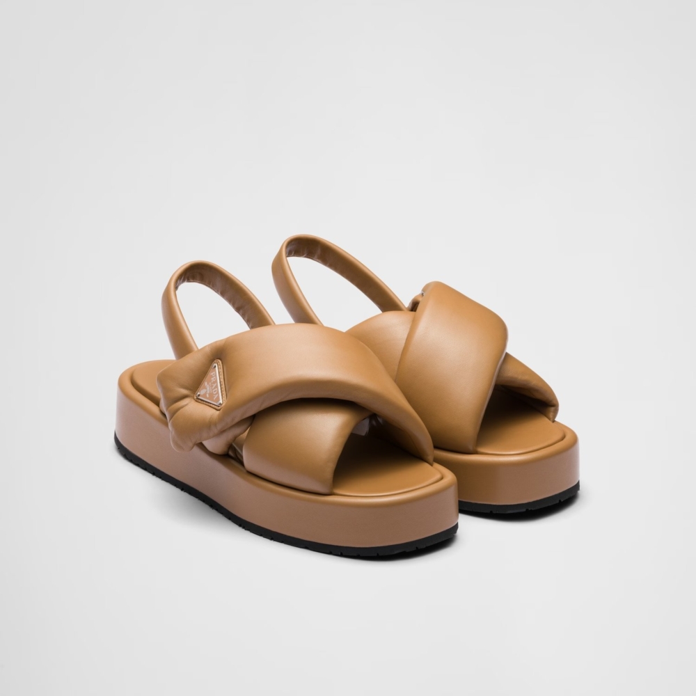 Prada Soft Padded Nappa Leather Wedge Sandals。