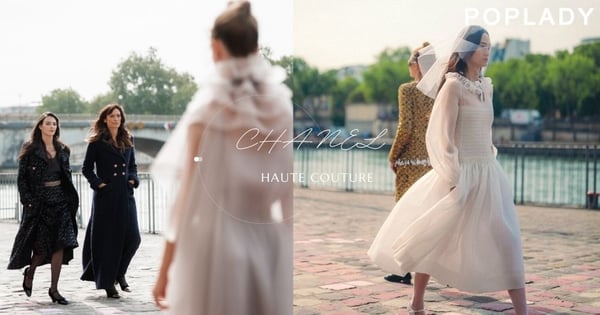 CHANEL 2023/24 秋冬高訂大秀中的街拍照：巴黎女人牽著狗狗、提著花籃，走在街上的瀟灑優雅姿態