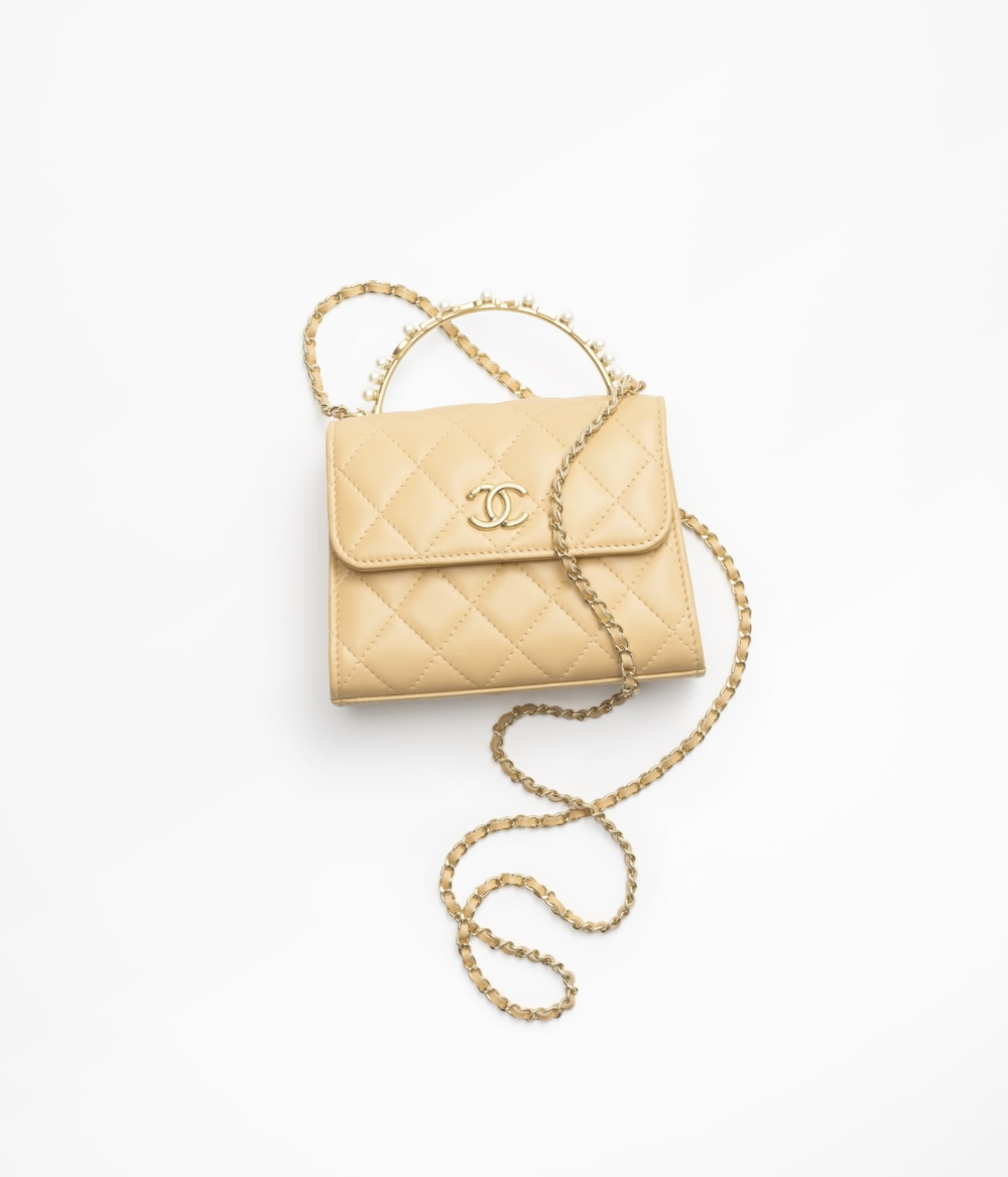 黃色CHANEL珍珠裝飾鏈子小包