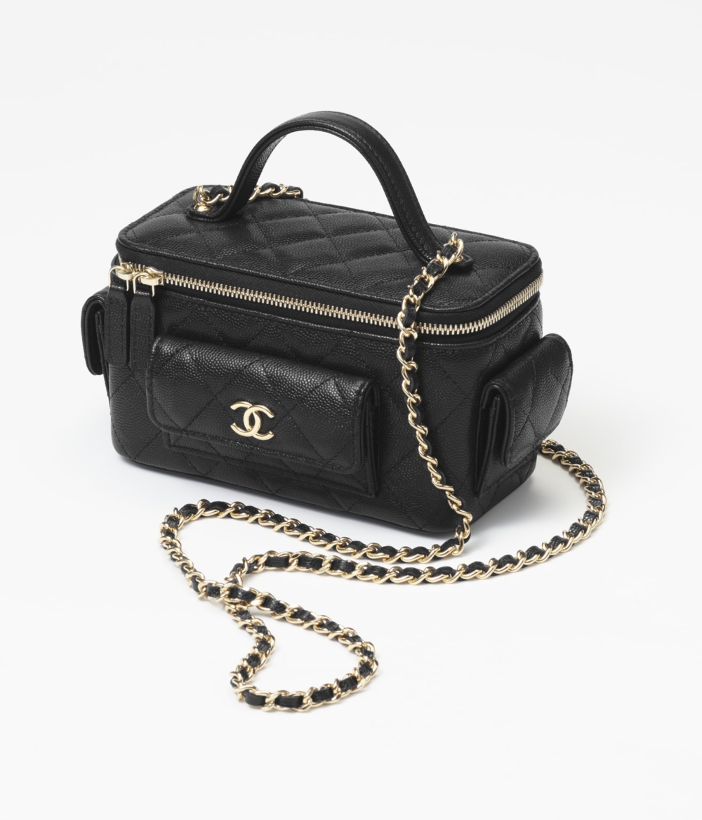 閃亮粒紋小牛皮鏈子小包黑色