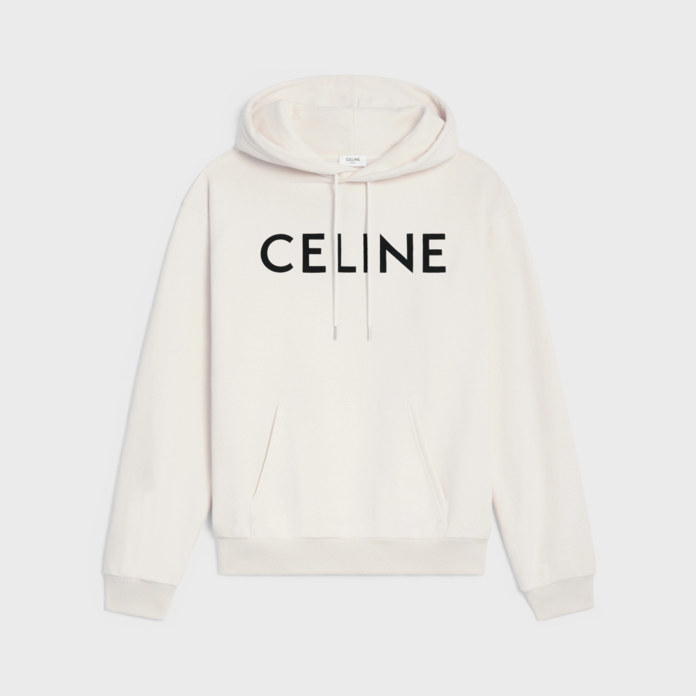 奶油白棉質CELINE印花寬鬆連帽衫。