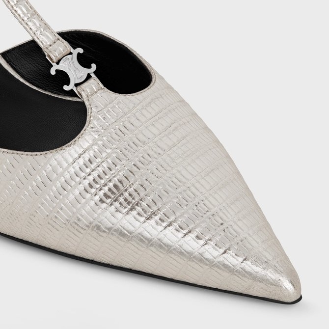 Kitten Triomphe T-Bar Strap Pump in Lizard Stamped Metalized Calfskin。