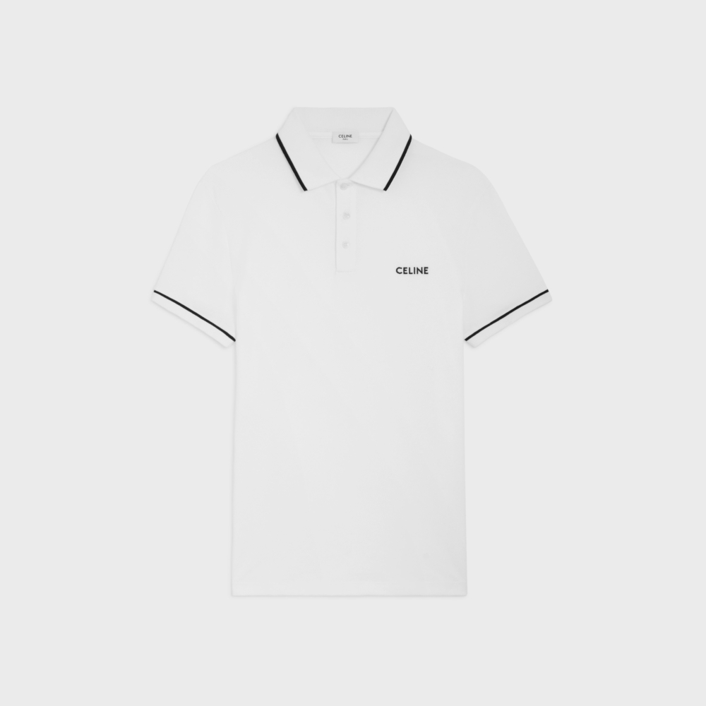 米白色黑色條紋飾邊經典POLO衫。