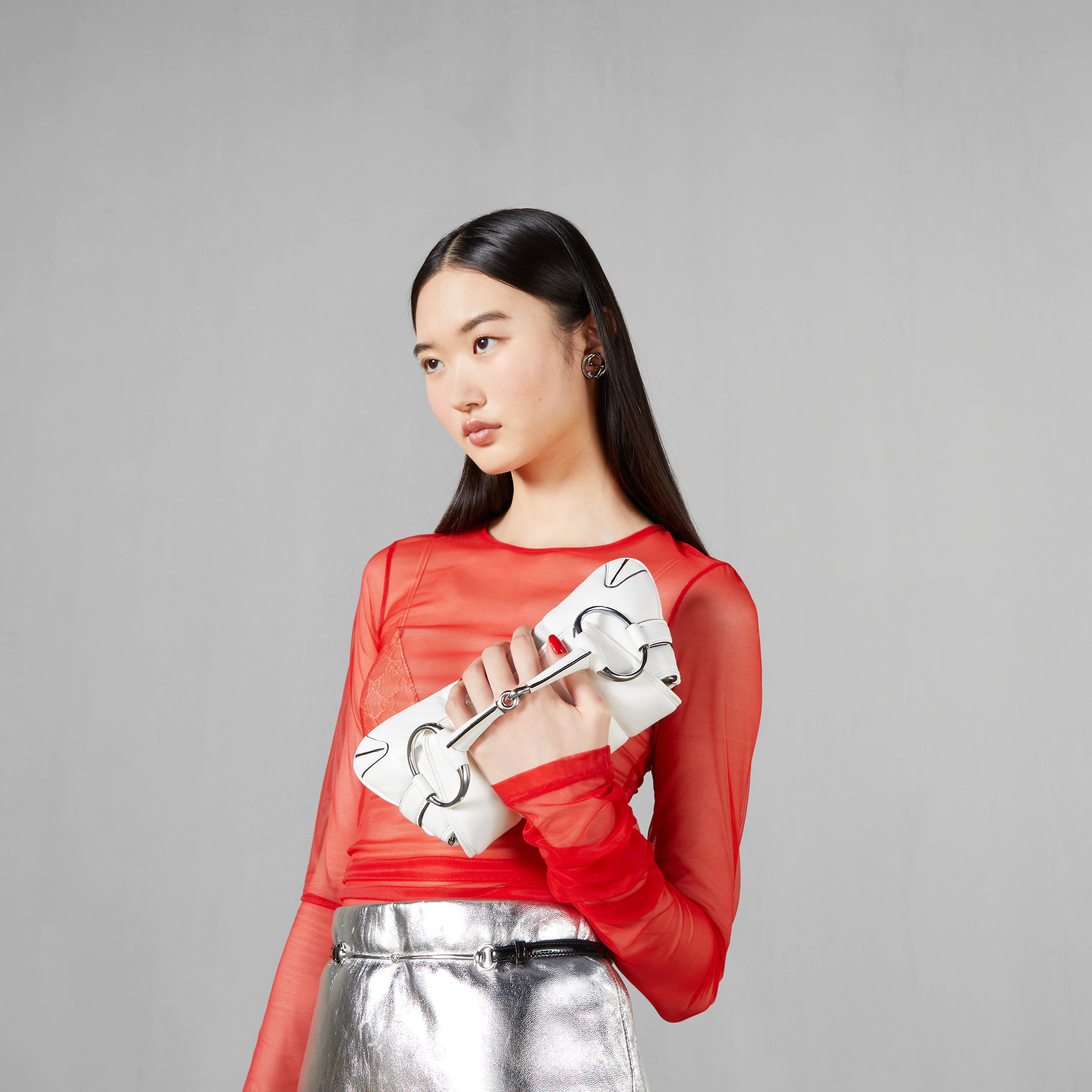 小號Gucci Horsebit Chain馬銜鏈包白色絎縫皮革