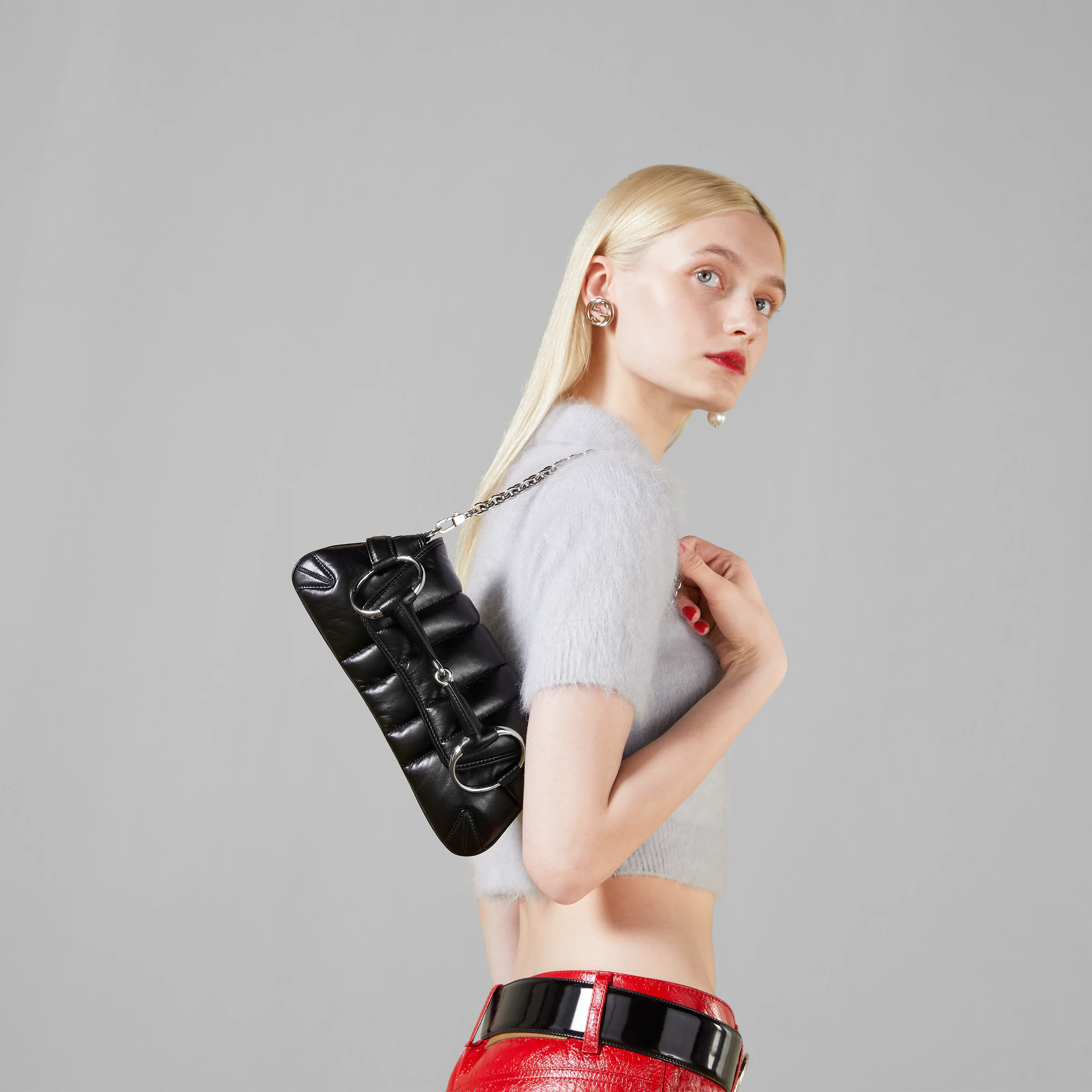 小號Gucci Horsebit Chain馬銜鏈包黑色絎縫皮革