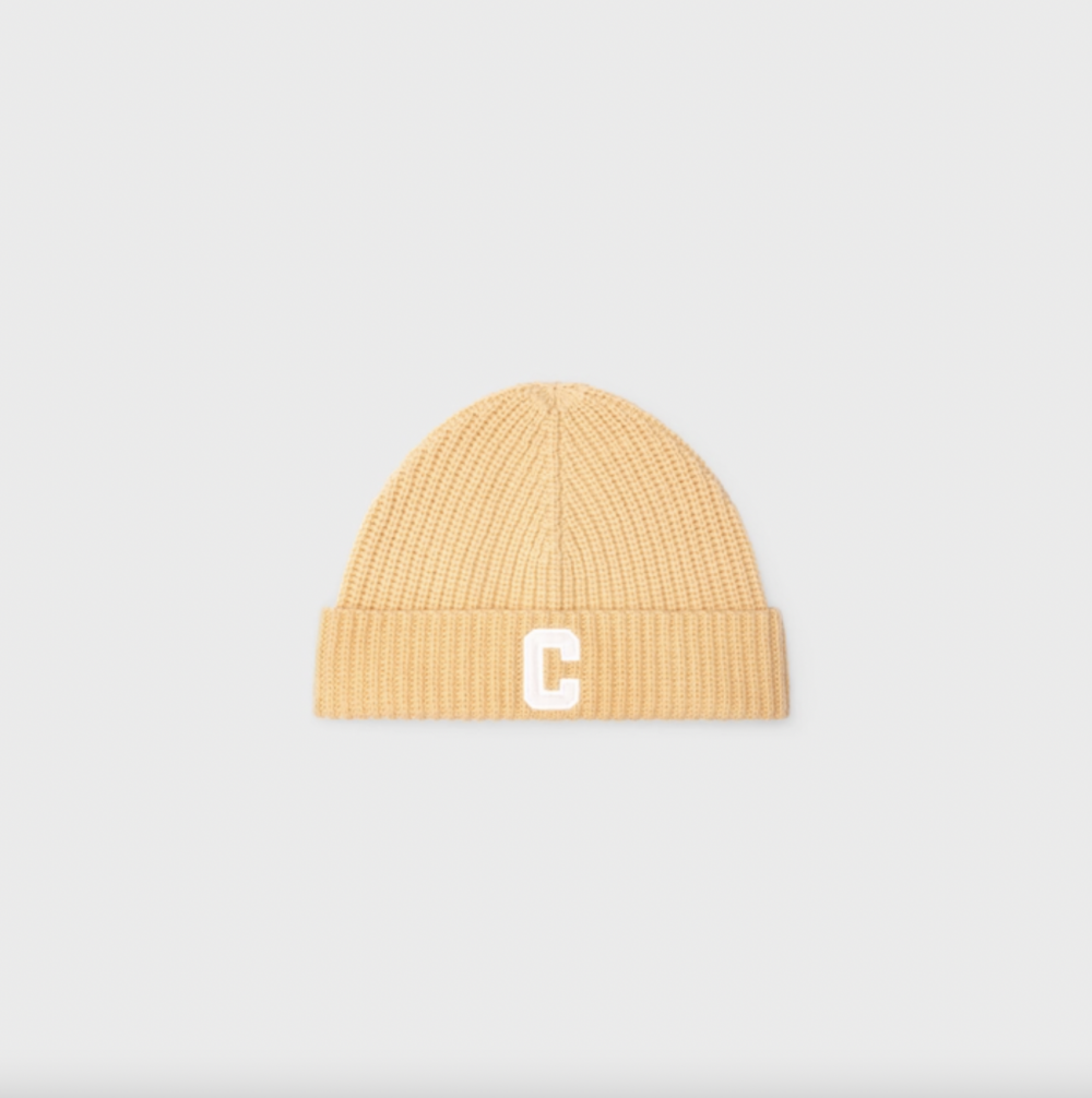 Cashmere / Wool Beanie with Initial Pale Yellow。
