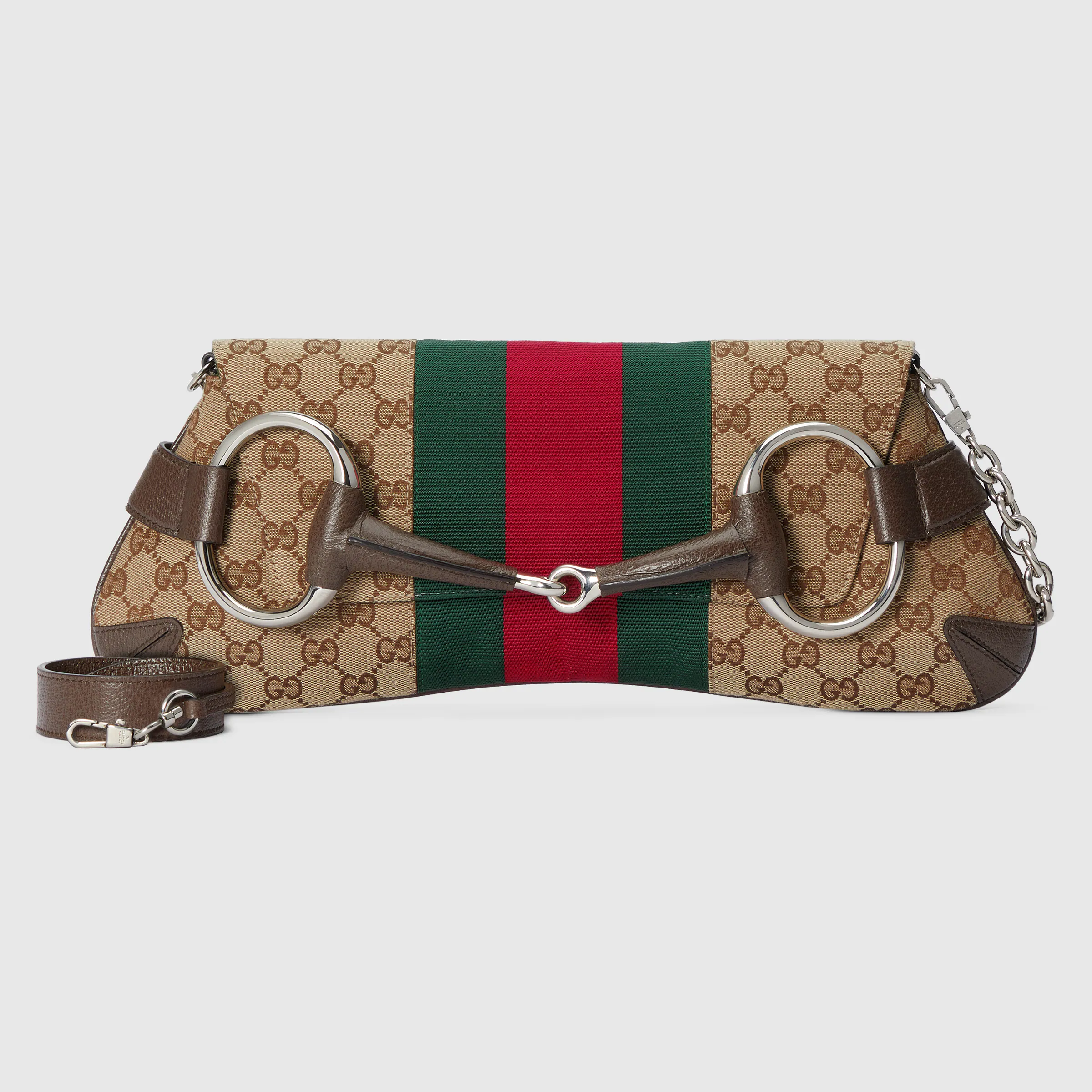 中號Gucci Horsebit Chain馬銜鏈包米色和烏木色 Original GG 帆布