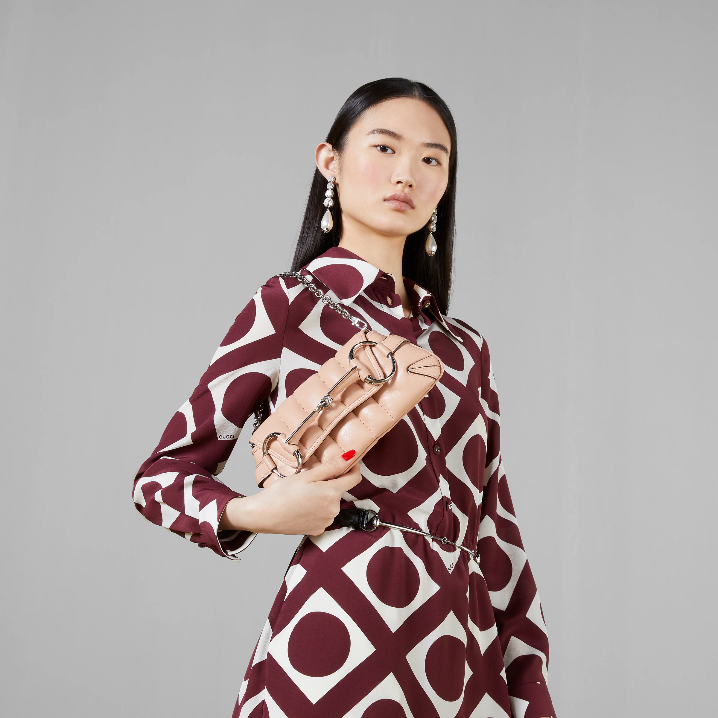 小號Gucci Horsebit Chain馬銜鏈包玫瑰色絎縫皮革