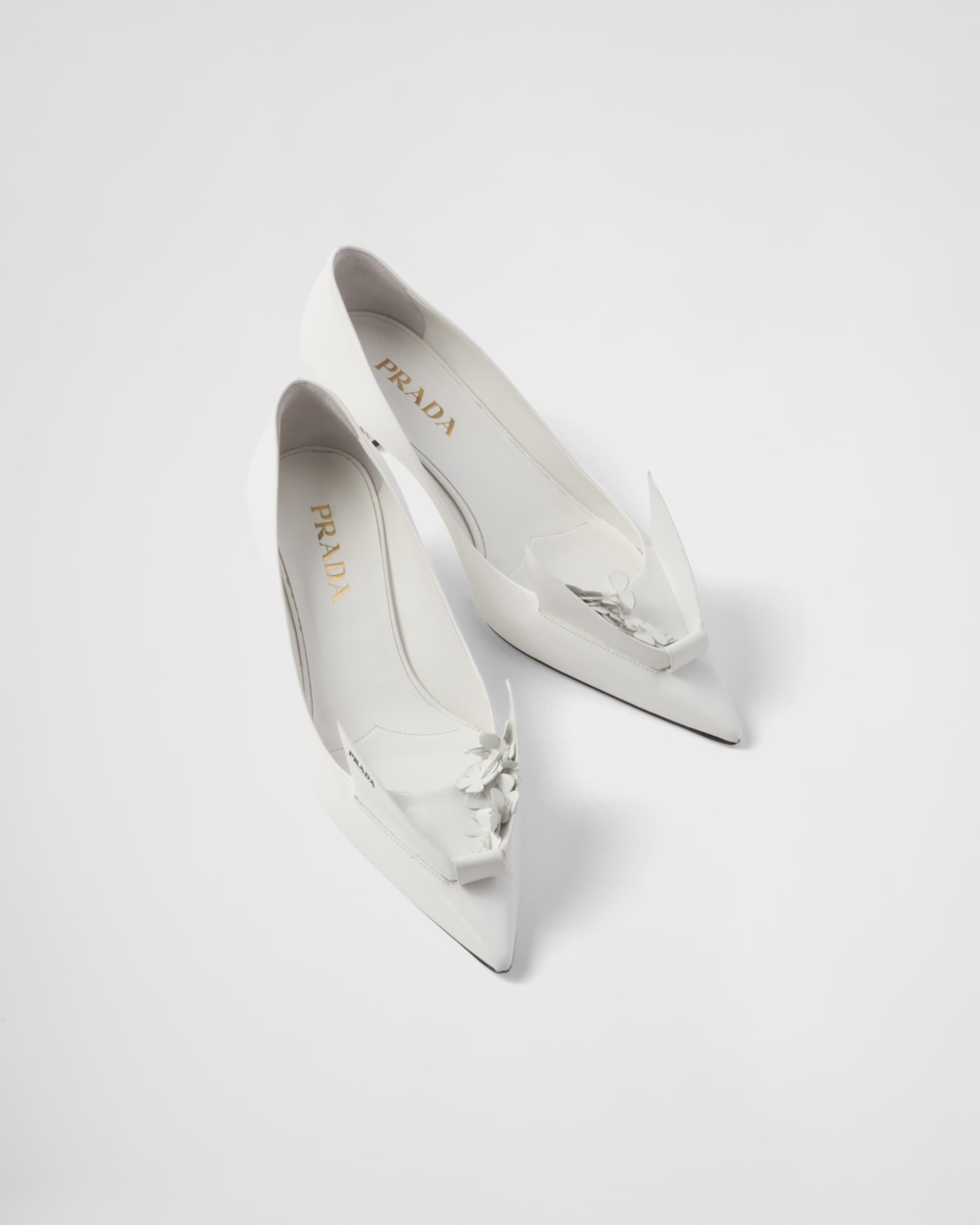 Brushed Leather Pumps with Floral Appliqués。