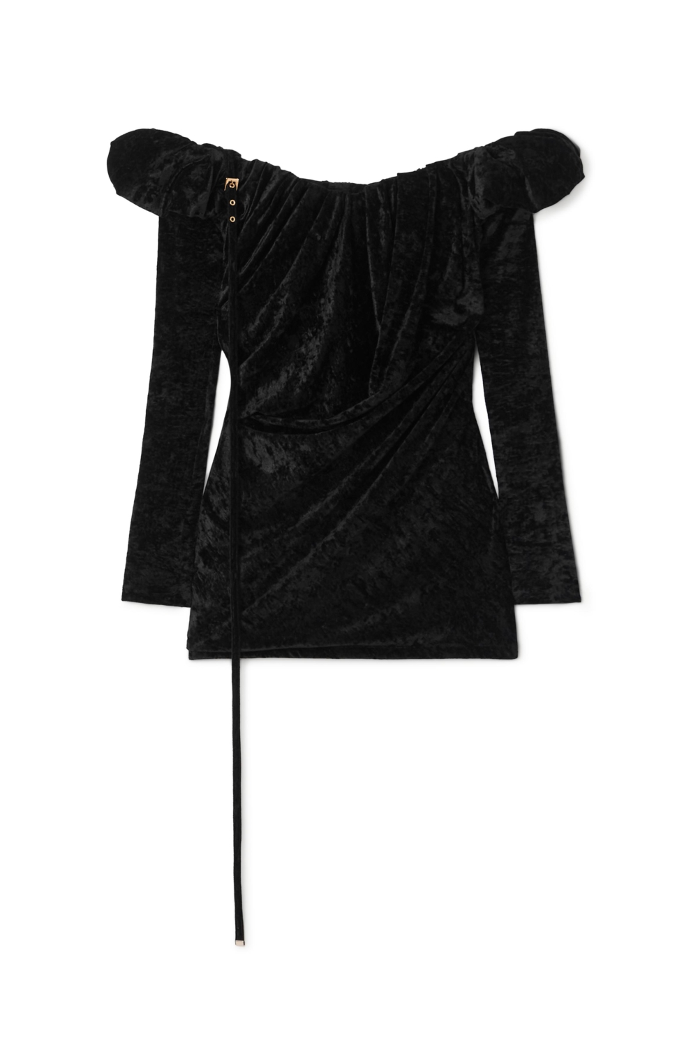 Off-The-Shoulder Embellished Stretch-Velour Mini Dress。