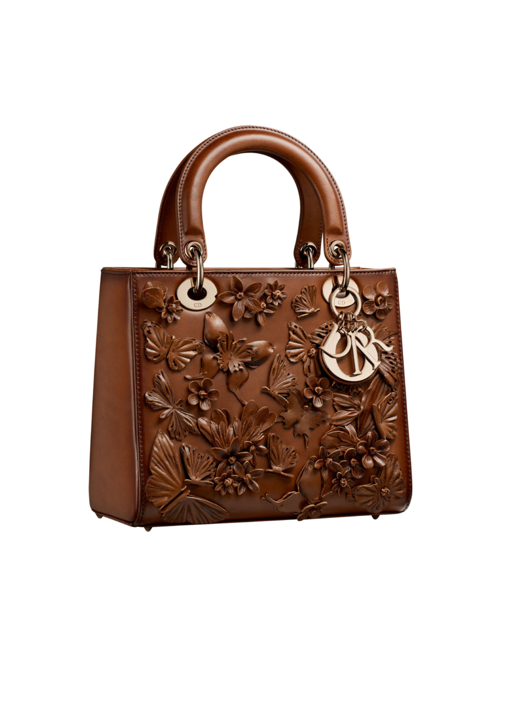 Lady Dior棕色立體花朵與蝴蝶刺繡小牛皮中型提包。