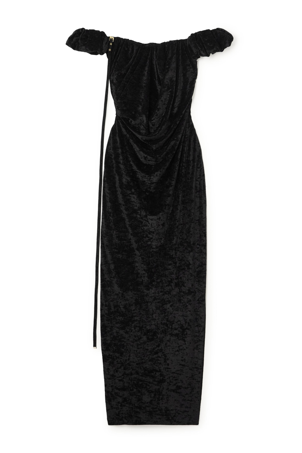 Off-The-Shoulder Embellished Stretch-Velour Gown。