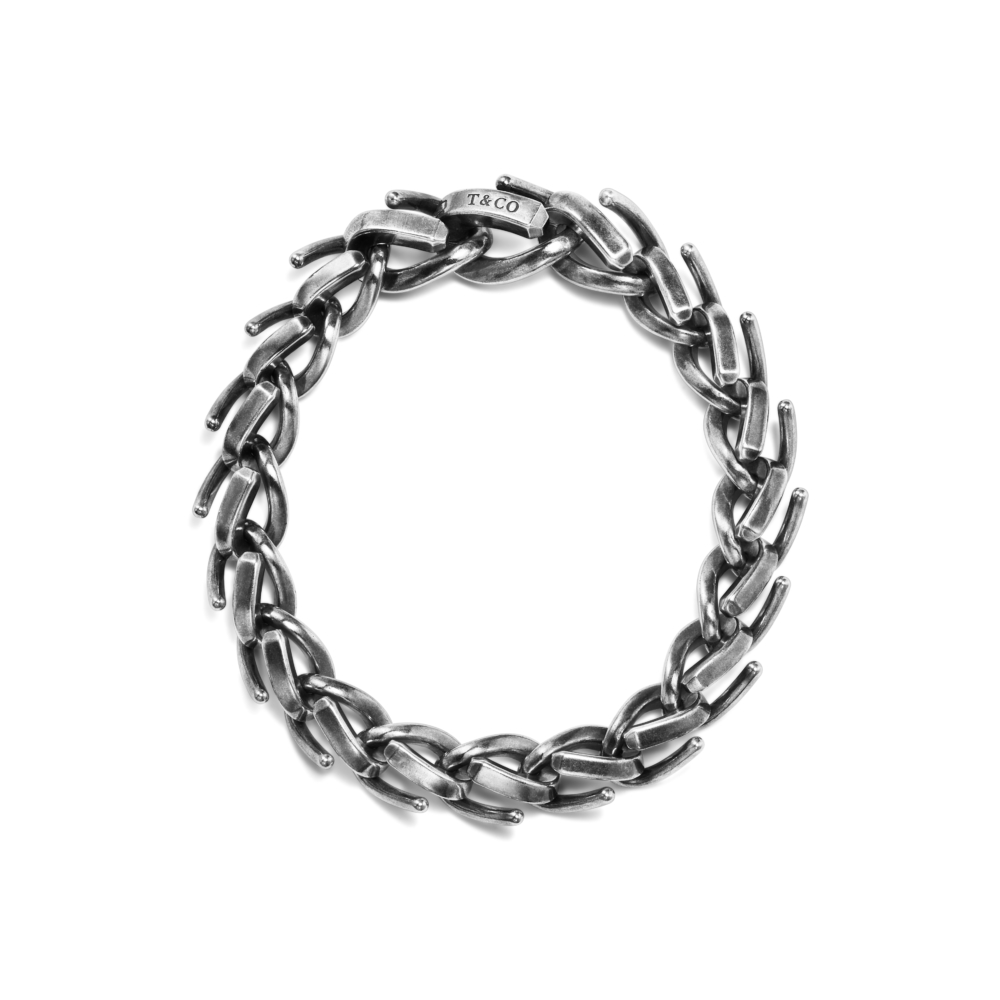 Tiffany Forge 黑色純銀窄版開口式鏈結設計手鍊。