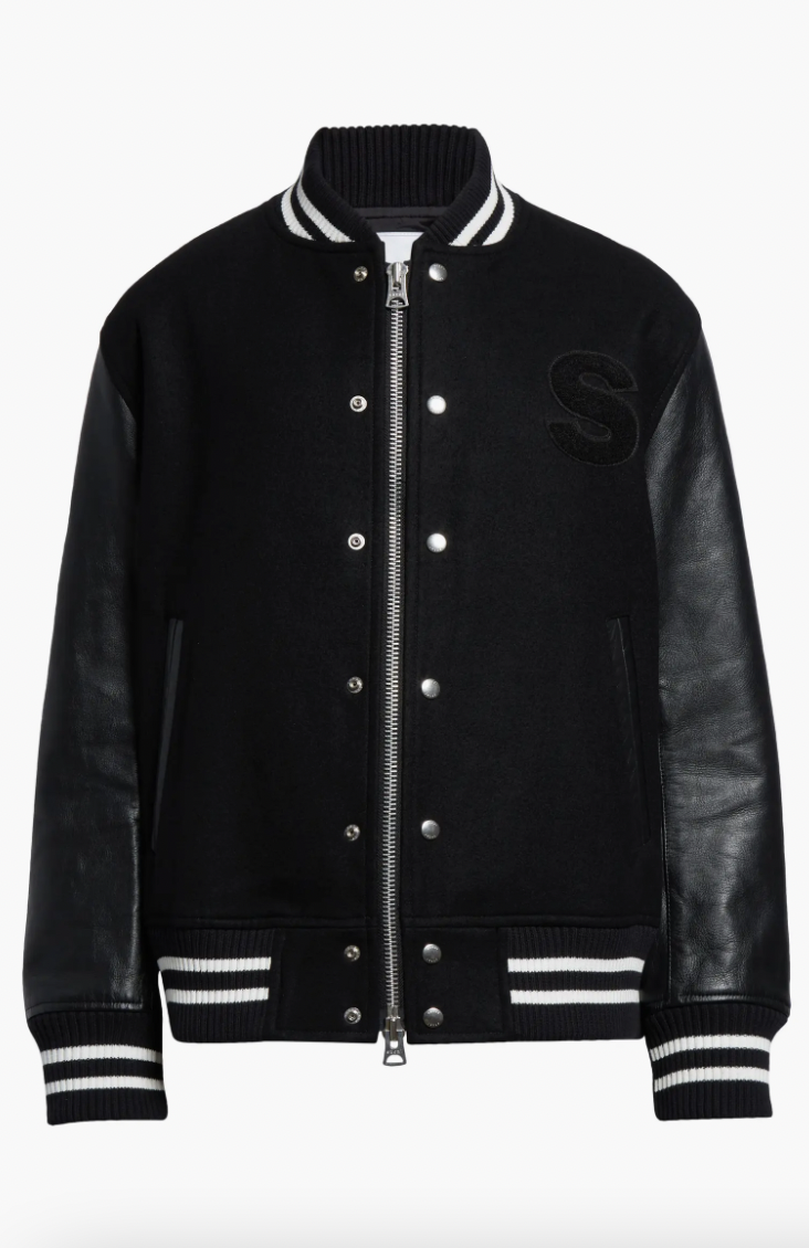 AMG Logo Embroidered Wool & Leather Varsity Jacket。