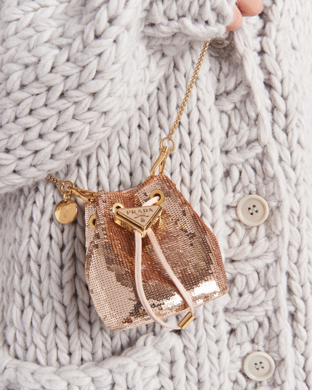 模特兒演繹Sequined satin mini-pouch裸色。