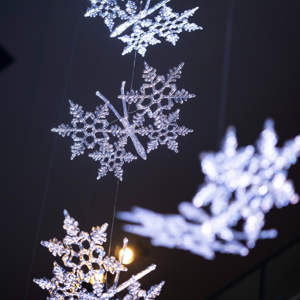 聖誕樹上除了掛滿雪花,還裝飾著以鳥類、蝴蝶和雪花為主題的奇妙生物